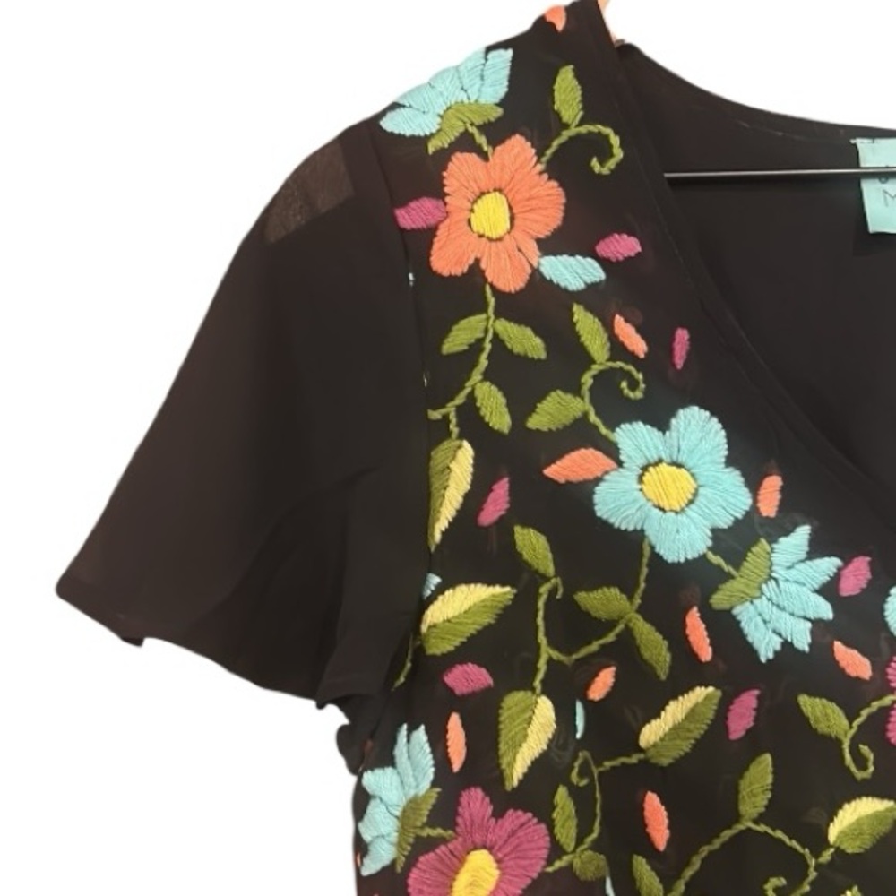 Judith March Flutter Sleeve Multicolor Floral Embroidery Dress Black Size Small - Picture 5 of 12